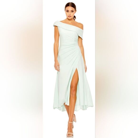 Mac Duggal RUCHED OFF-THE-SHOULDER MIDI DRESS NWT size 8 Mint Green (26484) - Picture 1 of 5